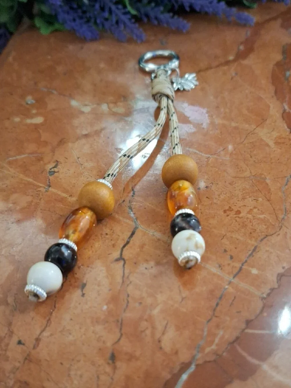 Beaded Tassel Keychain Bag Charm with Amber and Wood Beads